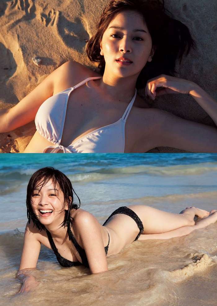 石橋杏奈が白いビキニで砂浜で仰向けでワキを見せる